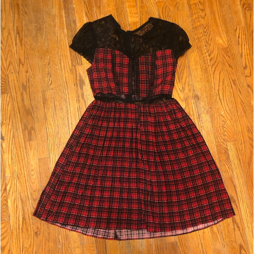 Royal Bones Red plaid and lace puff sleeve dress